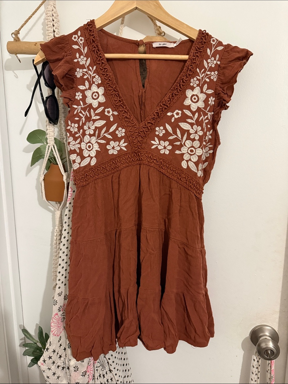 Rust Brown Embroidered V-Neck Mini Dress